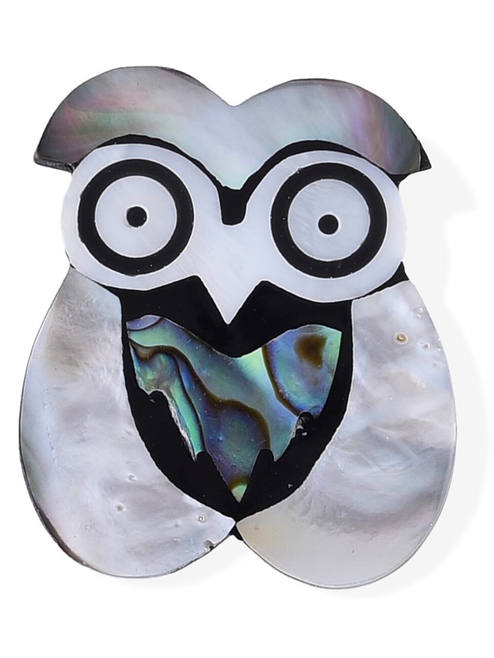 Mother of Pearl and Abalone Shell Owl Brooch in
Silvertone
